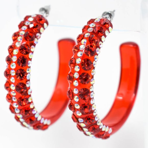2" Clear Red AB/Red Lucite Rhinestone Hoop Earring - Picture 1 of 11